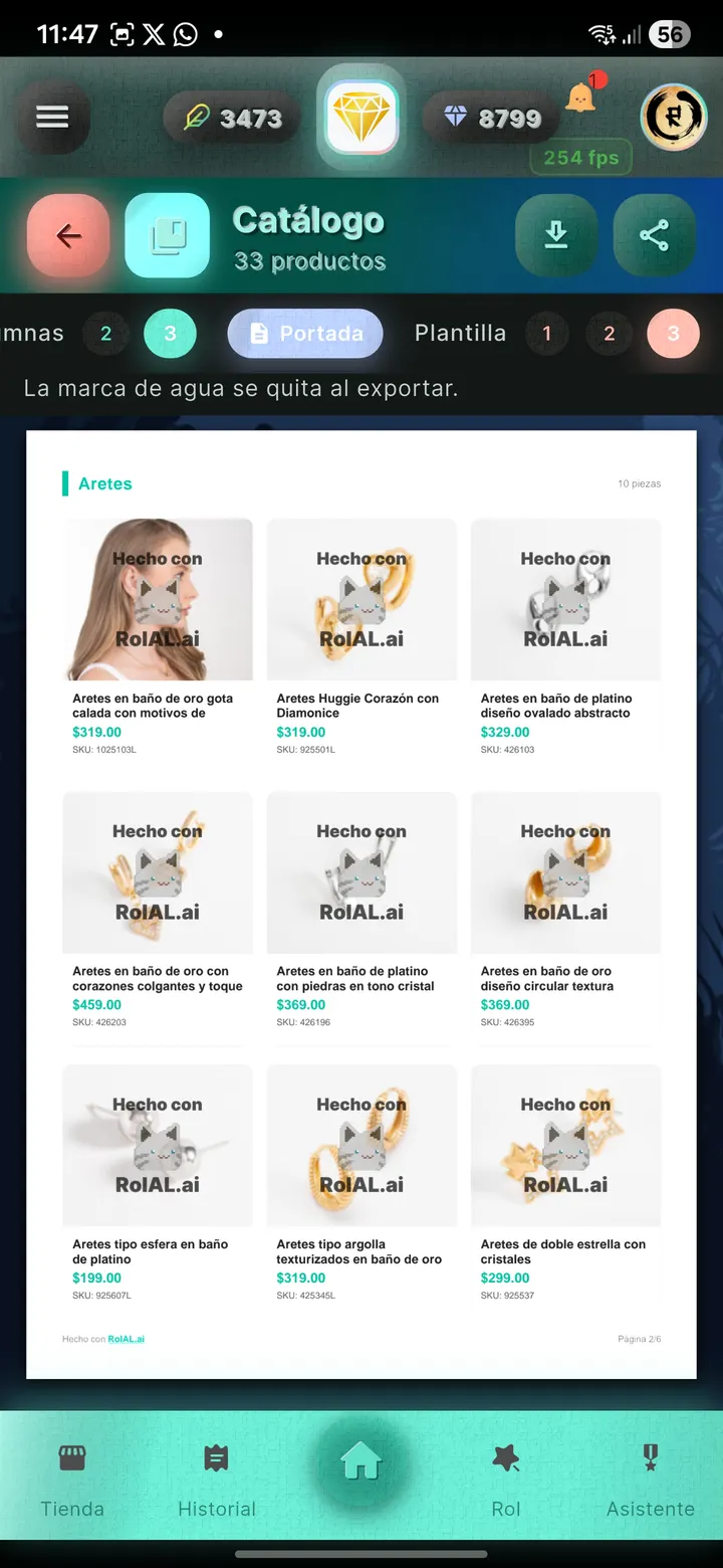 Página del catálogo en la app: productos agrupados por categoría, cada uno con su foto, su precio y su SKU.