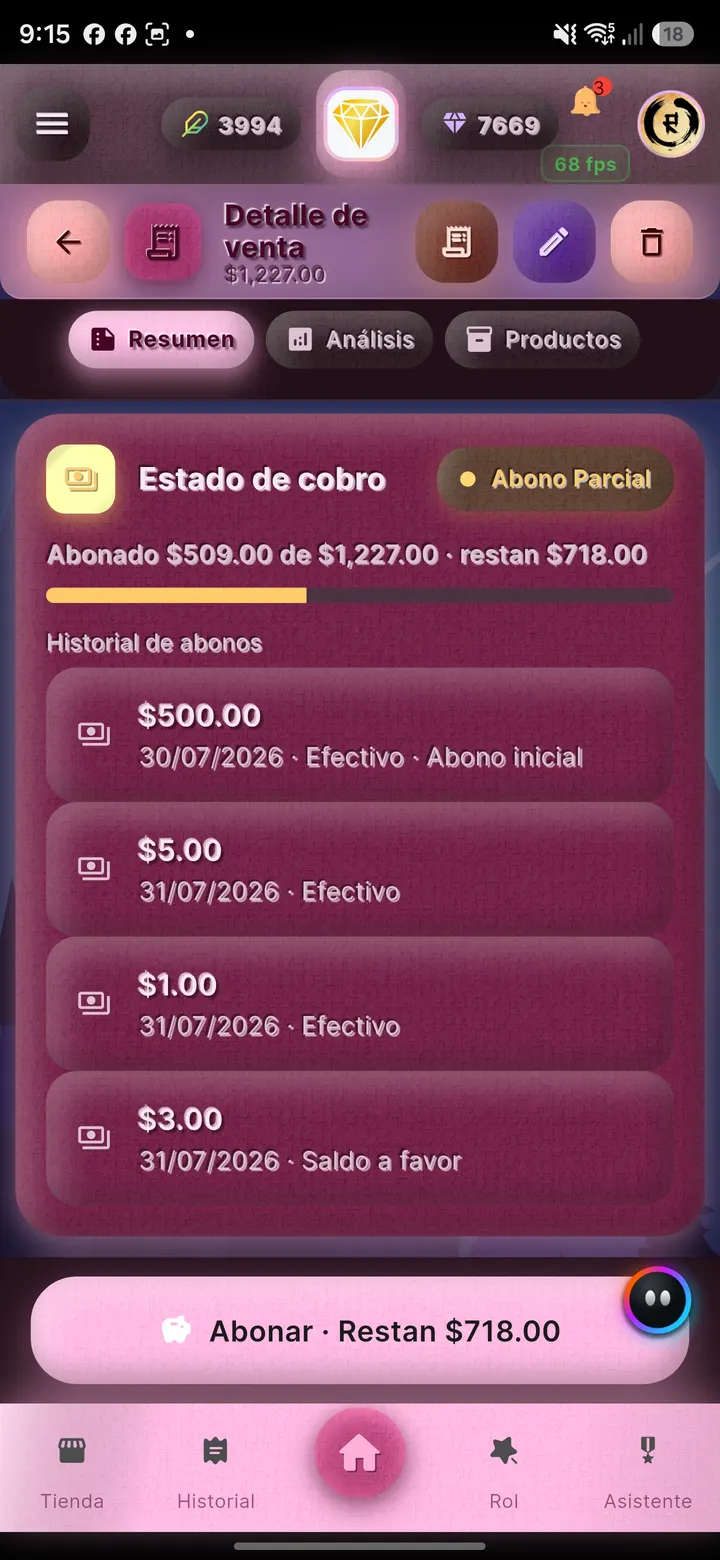 Historial de abonos de una clienta: cada pago con su fecha y su forma de pago.