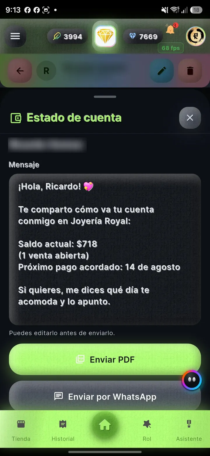 Recordatorio de cobranza ya redactado por RoI, listo para editar y enviar por WhatsApp.
