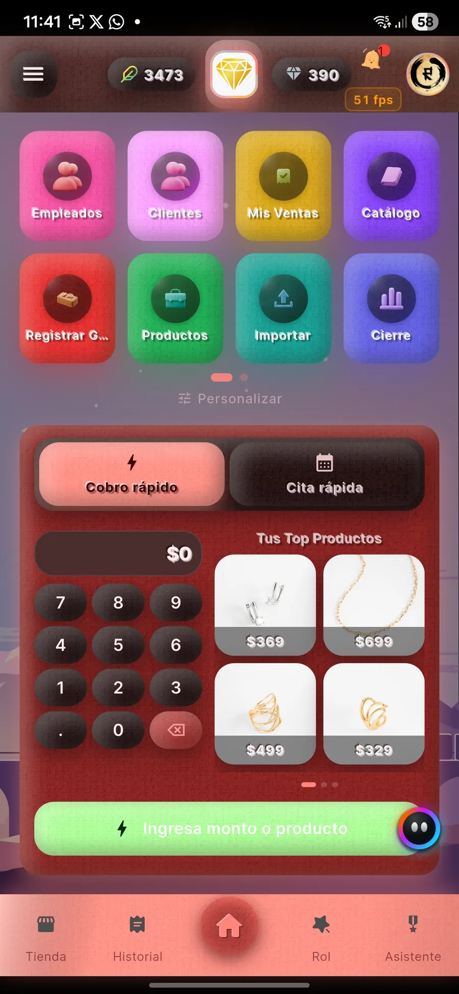 Pantalla de inicio de RoIAL: accesos a clientes, ventas y catálogo, cobro rápido y tus productos más vendidos.