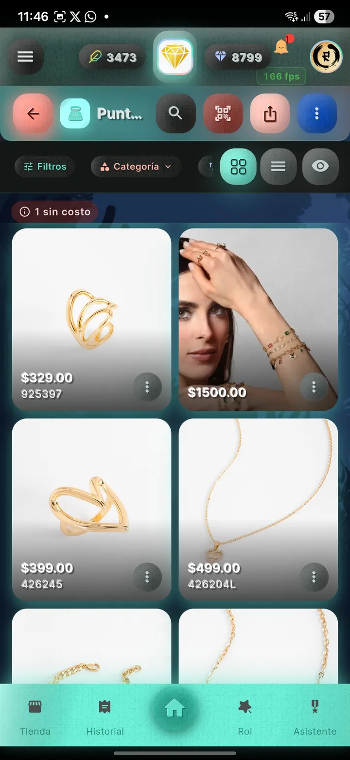 Inventario en la app: cuadrícula de productos con su foto, su precio y su código, con filtros por categoría.