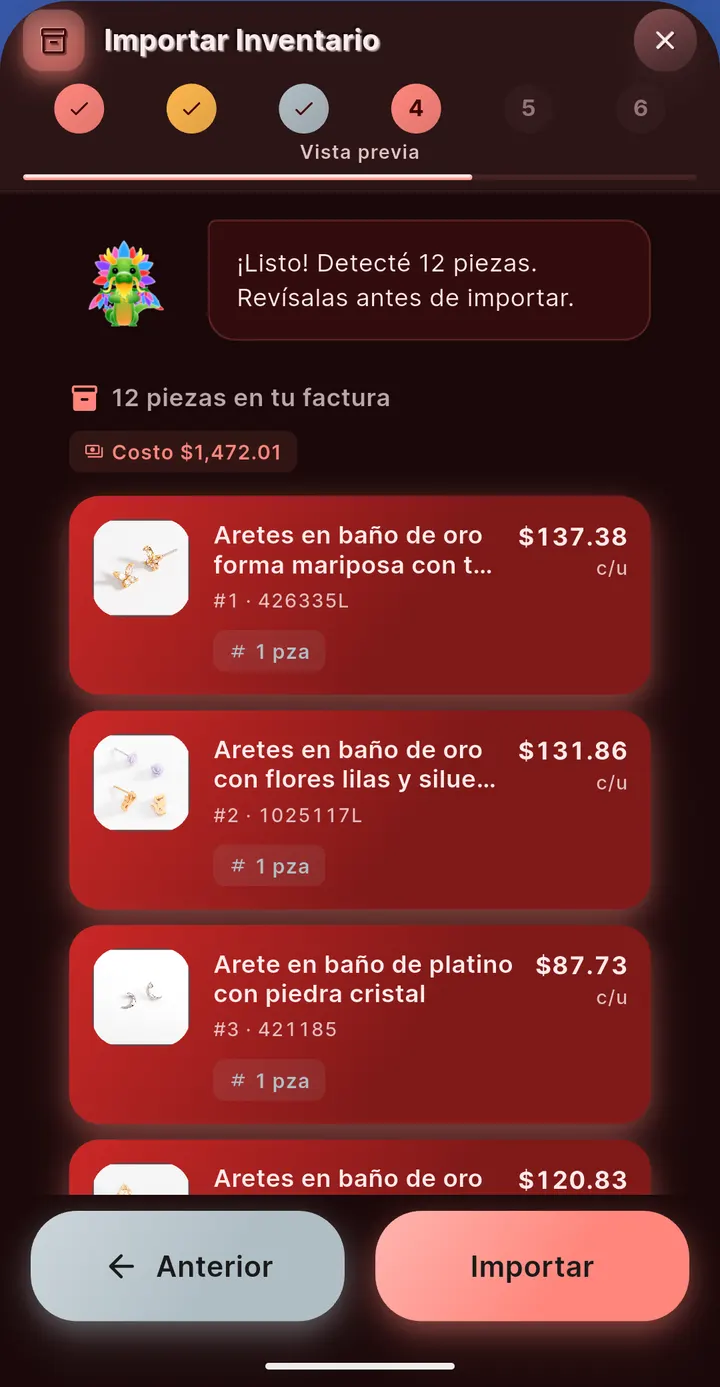 Vista previa de una factura importada: cada pieza con su foto y su costo.